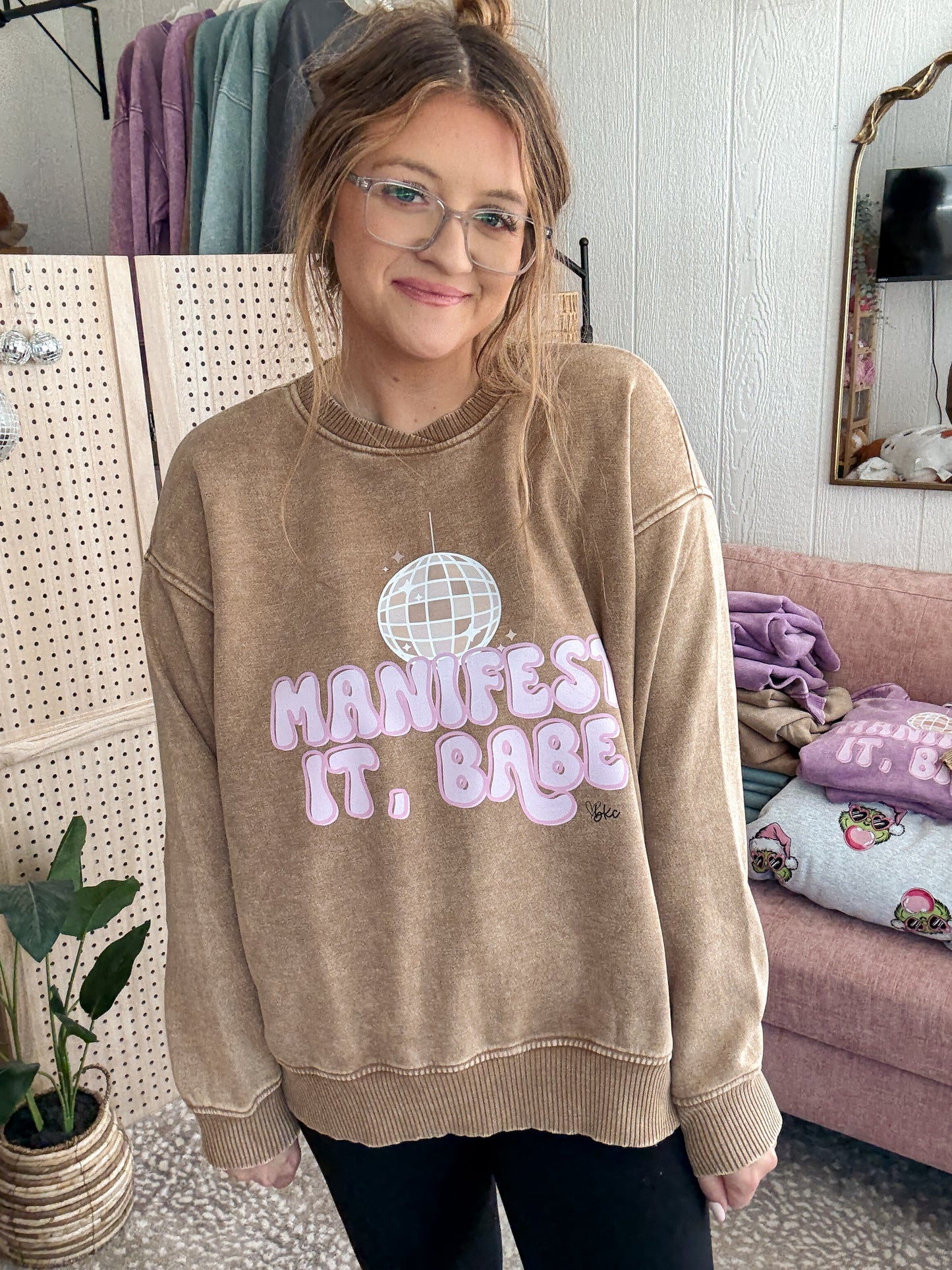 Disco Ball “manifest it, babe” Oversized Sweater