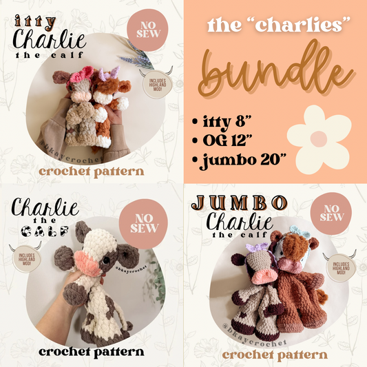 BUNDLE - Jumbo, OG, & Itty Charlie the Calf Crochet Patterns