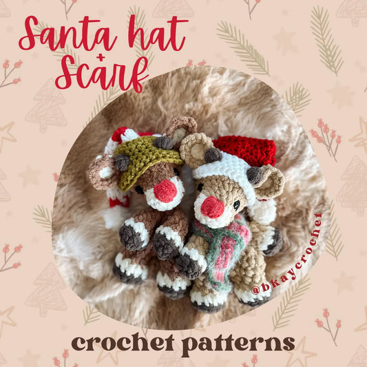 ACCESSORIES ONLY for Ru the Reindeer + Darby and Delilah | Santa Hat & Scarf Crochet Patterns